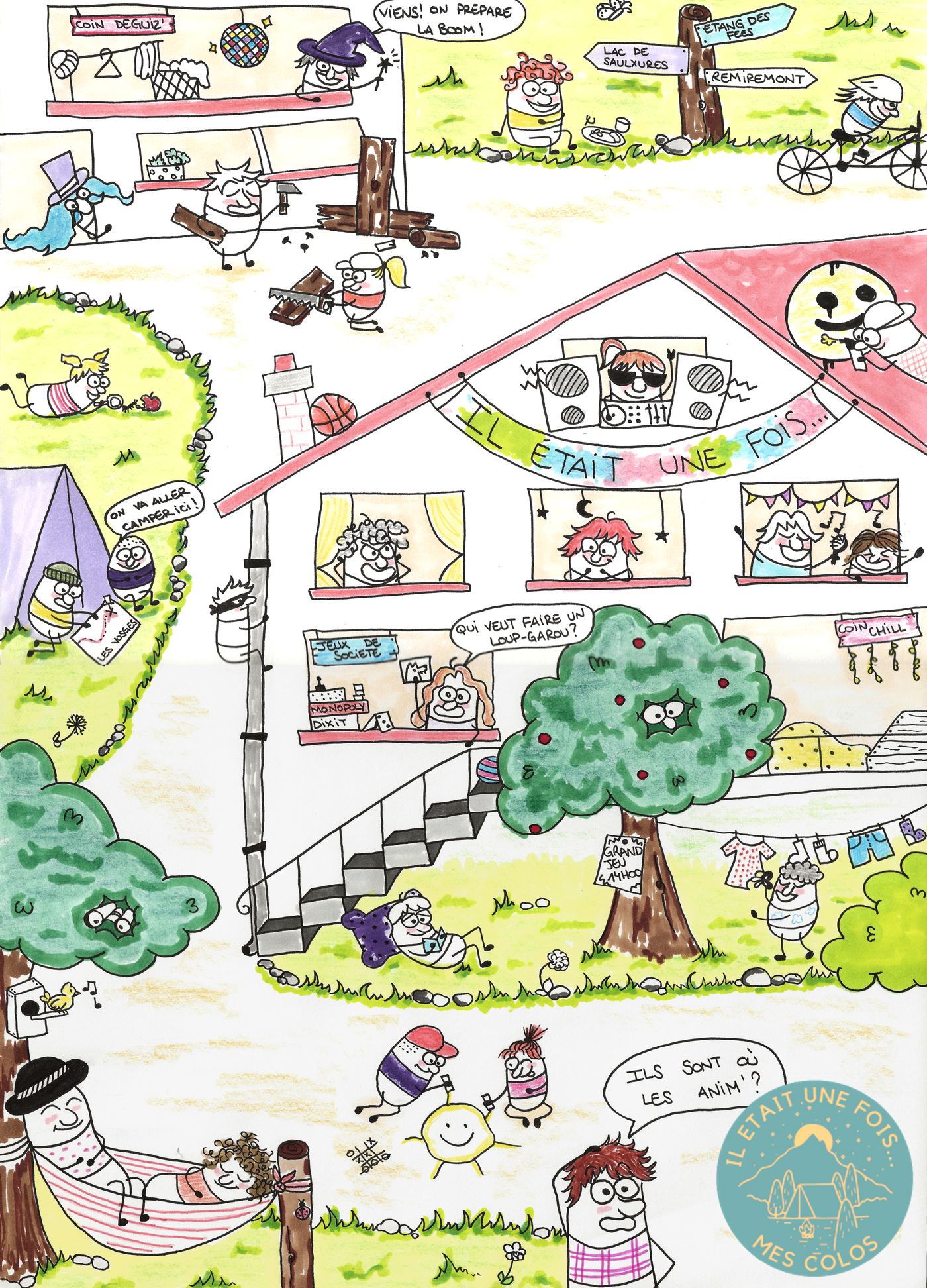 Grand dessin au feutre et aux crayons de couleur : la maison de colo et ses petits habitants. On prépare la boum, on joue au loup-garou, on campe, on fait du vélo vers le lac de Saulxures, on lit dans un hamac, et le grand jeu commence à 14 h.